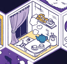 Trozo de la portada de aventuras en el litenverso que muestra una habitación con una tetera, dos tazas y ovillos y agujas de hacer punto