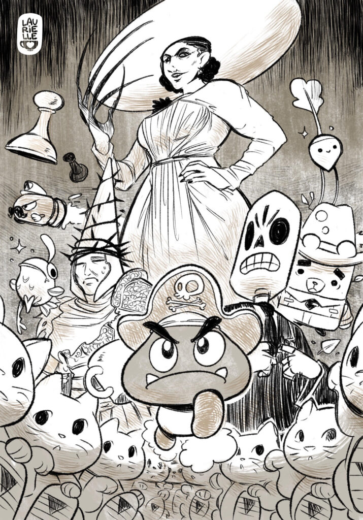 Ilustración de grupo con un montón de personajes de videojuegos mirando a cámara