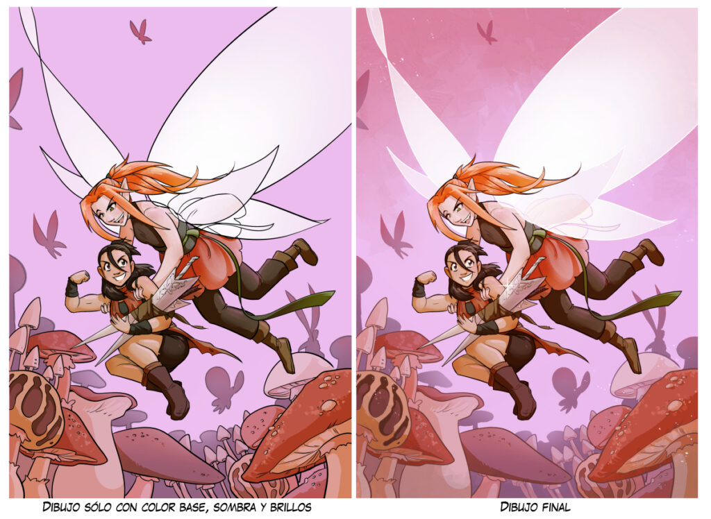 Comparativa entre la portada sin terminar (sólo sombras, luces y color base) y la portada terminada