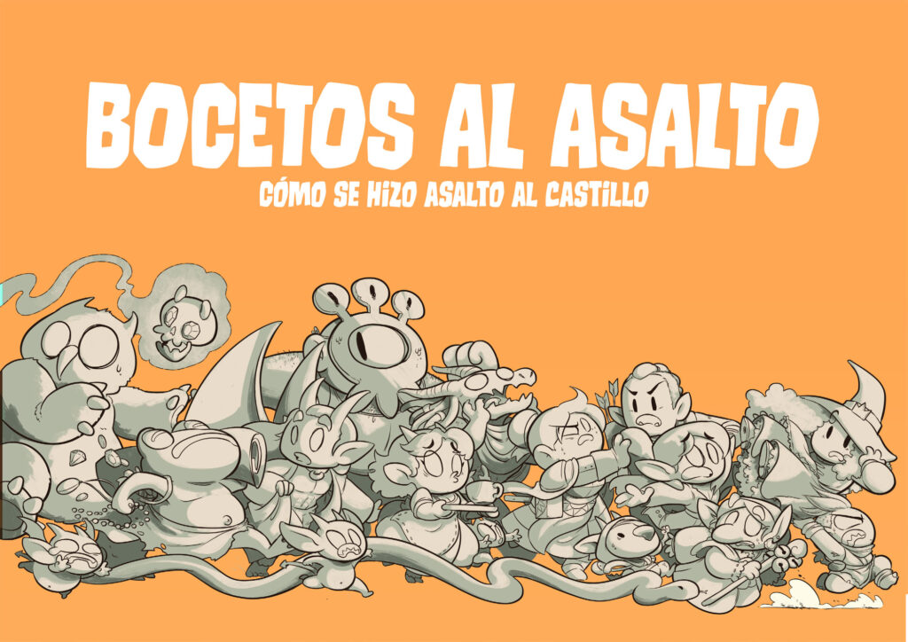 Portada del libro de bocetos de Asalto al Castillo donde se ve una versión de la portada sin color, con los personajes corriendo