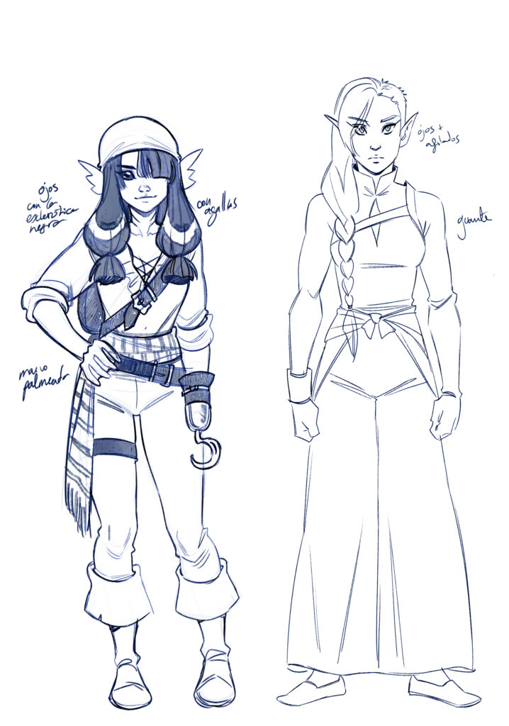 Diseños de personajes de Agallas (una náyade de pelo largo y negro) y Ranko (una elfa rubia con la mitad del pelo corto y la mitad largo)