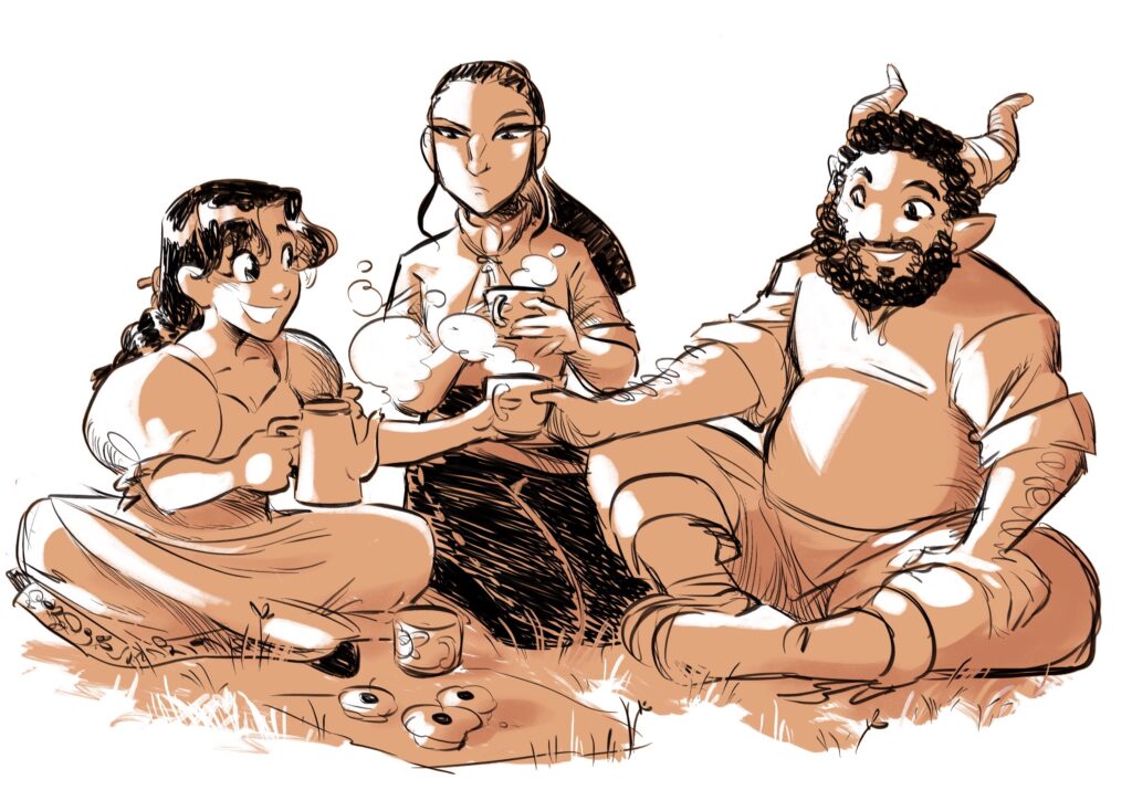 Dibujo de tres personajes del cómic La taza medio llena sentados en el suelo haciendo un picnic