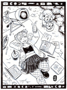 Dibujo en blanco y negro de una chica con moñitos y colmillos tumbada en el suelo junto a un telescopio, señalando al cielo. Gala está guardando una carta en la bolsa.