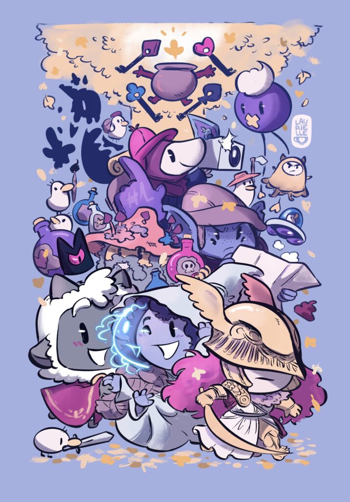 Dibujo de un montón de personajes de varios juegos sobre fondo violeta