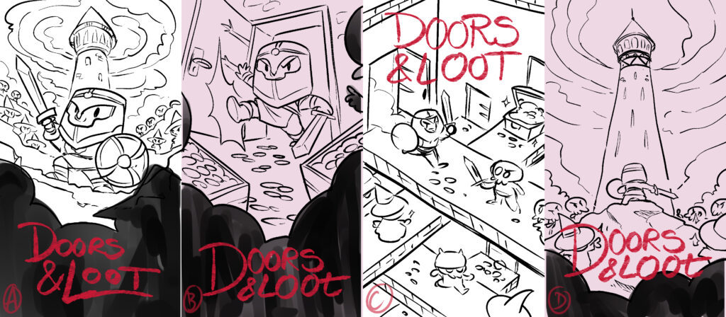 Varios bocetos para la portada del videojuego Doors and Loot