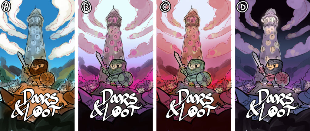 Varias pruebas de color para la portada del videojuego Doors and Loot