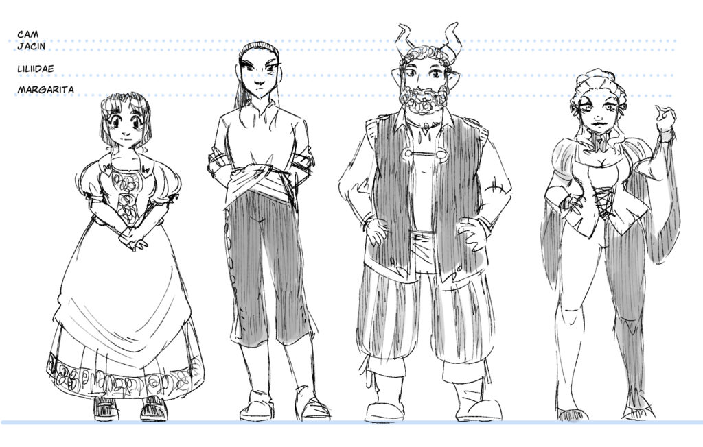 Dibujo de los personajes principales del webcómic La taza medio llena, con las diferencias de altura relativa entre ellos