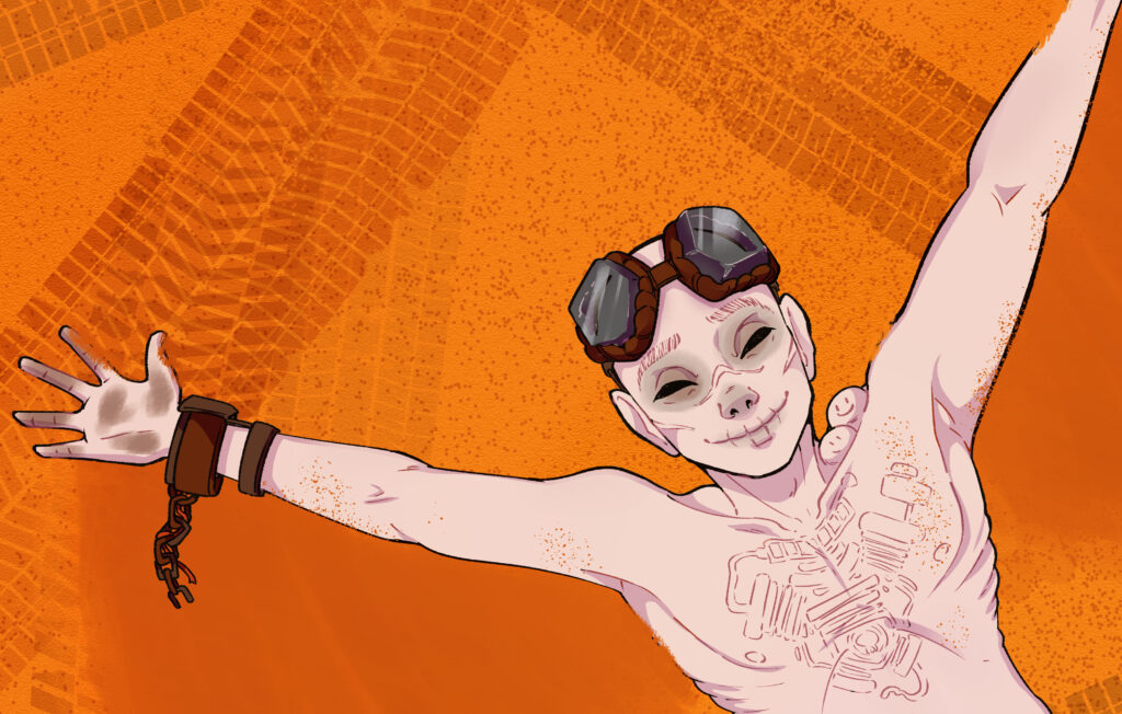 Trozo del dibujo del cartel donde se ve a Nux, un chico calvo y con gafas de aviador, tirado en un suelo de arena naranja