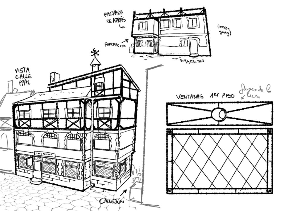 Diseño del edificio de la posada de La Taza Medio Llena (no es el definitivo, tanto las ventanas como algunos detalles cambiaron un poco)