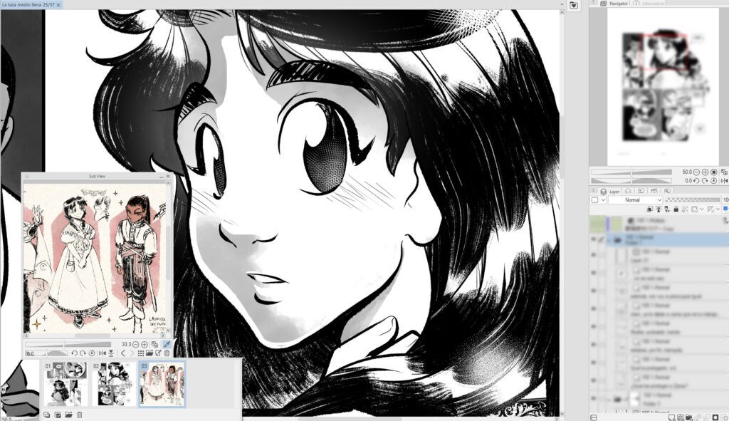 Captura de pantalla de Clip Studio con la página a la izquierda y a la derecha, sobre el menú de capas, una referencia de ropa para Margarita