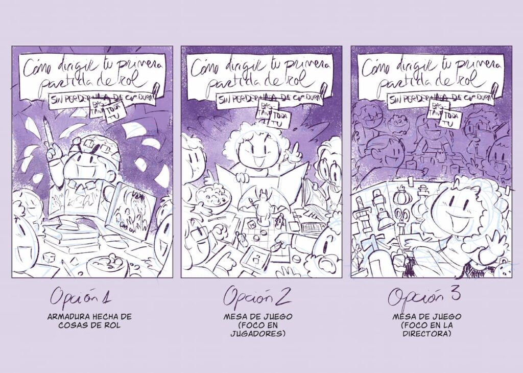 Tres bocetos de portada para el manual, mostrando a un grupo de gente jugando a rol con distintos grados de fantasía