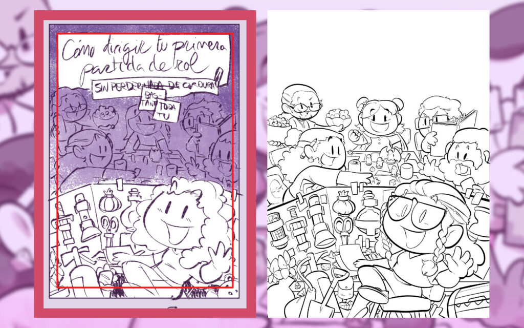 Comparativa, a la izquierda el boceto con sus márgenes y su título y a la derecha el dibujo con la línea limpia en blanco y negro