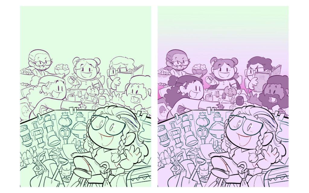 Dos pasos del proceso de coloreado, a la izquierda la línea con detalles de color sobre verde y a la derecha la parte de los jugadores ya tiene sombras, contrastes y degradados