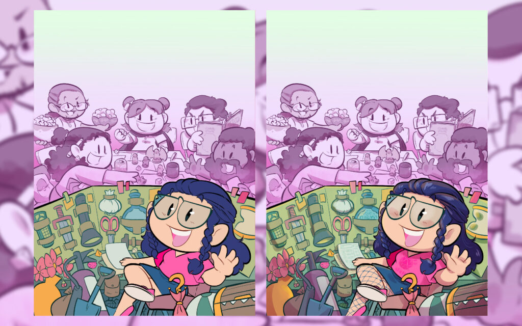 Dos partes del proceso de coloreado, en una la máster tiene los colores planos y en la otra tiene ya sombras, luces y detalles