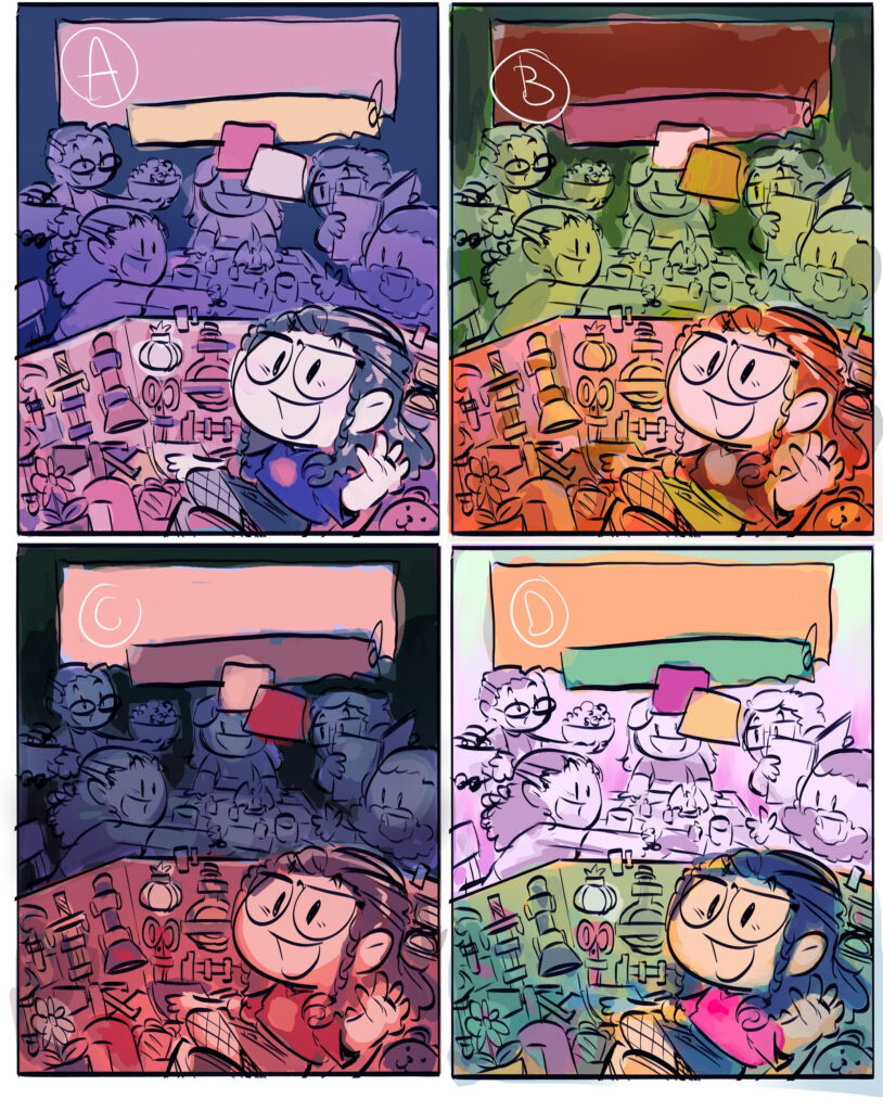 Cuatro pruebas de color diferentes, en algunas los jugadores están más oscuros, en cotras más claros, en todas contrastan mucho con la master