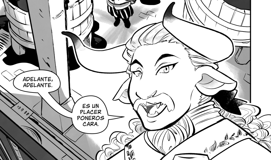 Fragmento de una viñeta del cómic La taza medio llena con un vampiro minotauro saludando