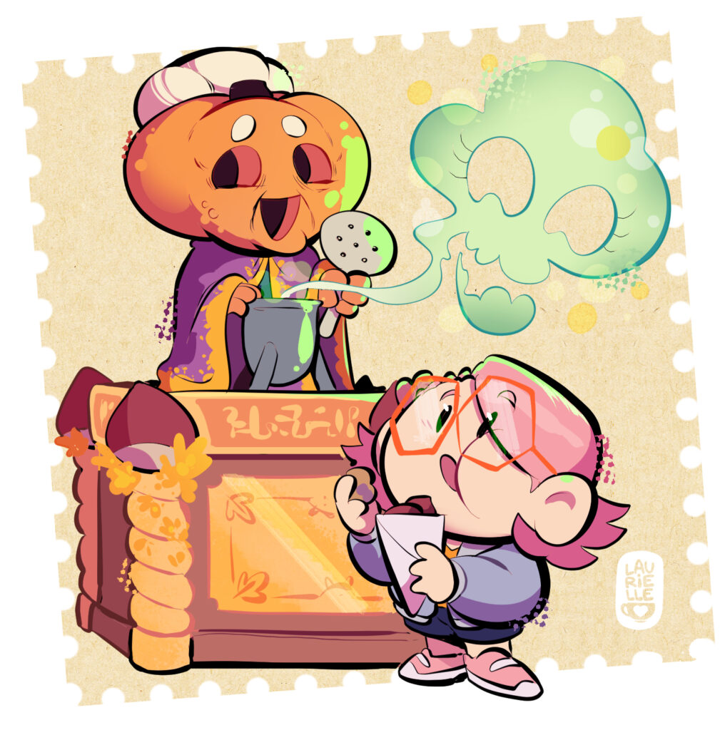 Dibujo de la Calabaza Castañera, una talla de madera de una señora con cabeza de calabaza asando castañas. Delante está Gala comiendo castañas y fijándose en el sospechoso humo venenoso que sale del caldero