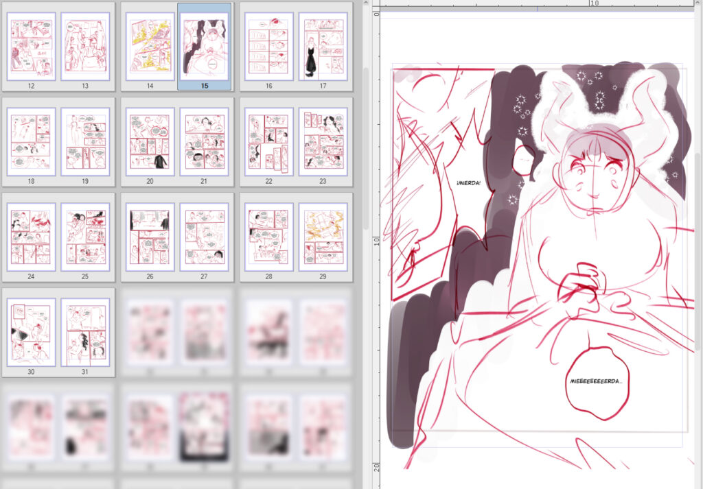 Captura de pantalla del programa Clip Studio con las páginas del cómic Curso de cocina para exdioses en versión boceto chusco y un zoom más en detalle de una de las páginas