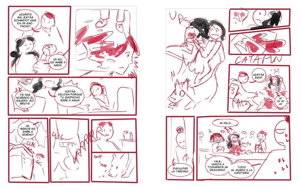 Dos imágenes con nemus de dos páginas consecutivas del segundo capítulo del webcómic Curso de cocina para exdioses