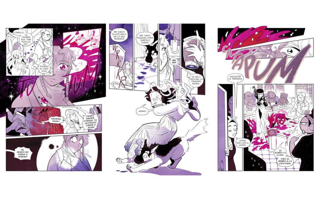 La misma escena reflejada en los nemus de las imágenes anteriores pero esta vez en tres páginas acabadas y rotuladas, contando la misma información