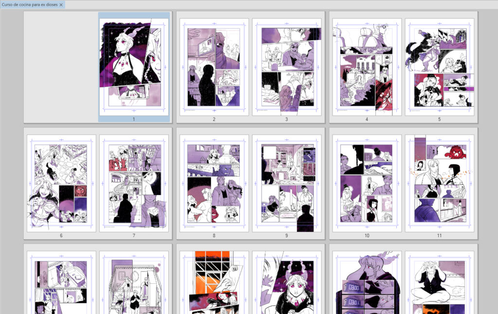 Captura de pantalla del programa Clip Studio Paint con las páginas de Curso de Cocina para Exdioses en retícula
