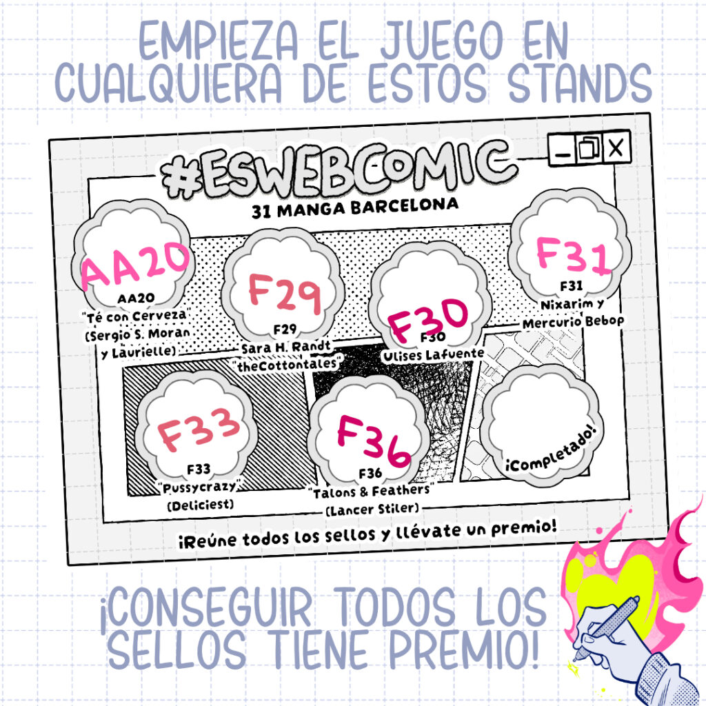 Imagen promocional del stamp rally con la tarjeta de sellos 'sellada' con los números de stand y una explicación de que conseguir todos los sellos tiene premio