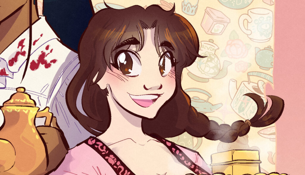 Fragmento de una ilustración donde se ve a Margarita sonriendo y mirando hacia atrás