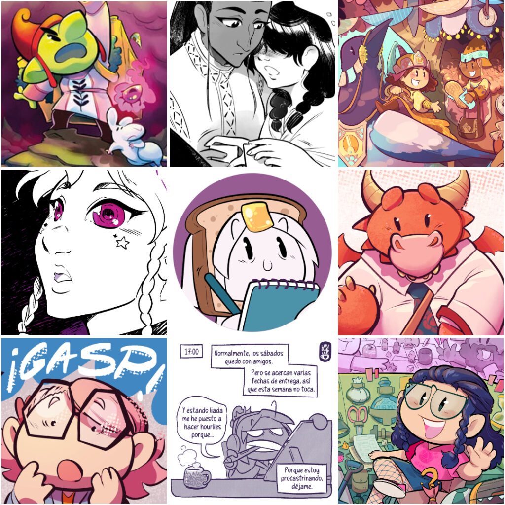 Collage resumen con distintas obras hechas por Laurielle durante 2025, entre viñetas de cómic, portadas, pegatinas... enmedio está su avatar con una tostada en la cara