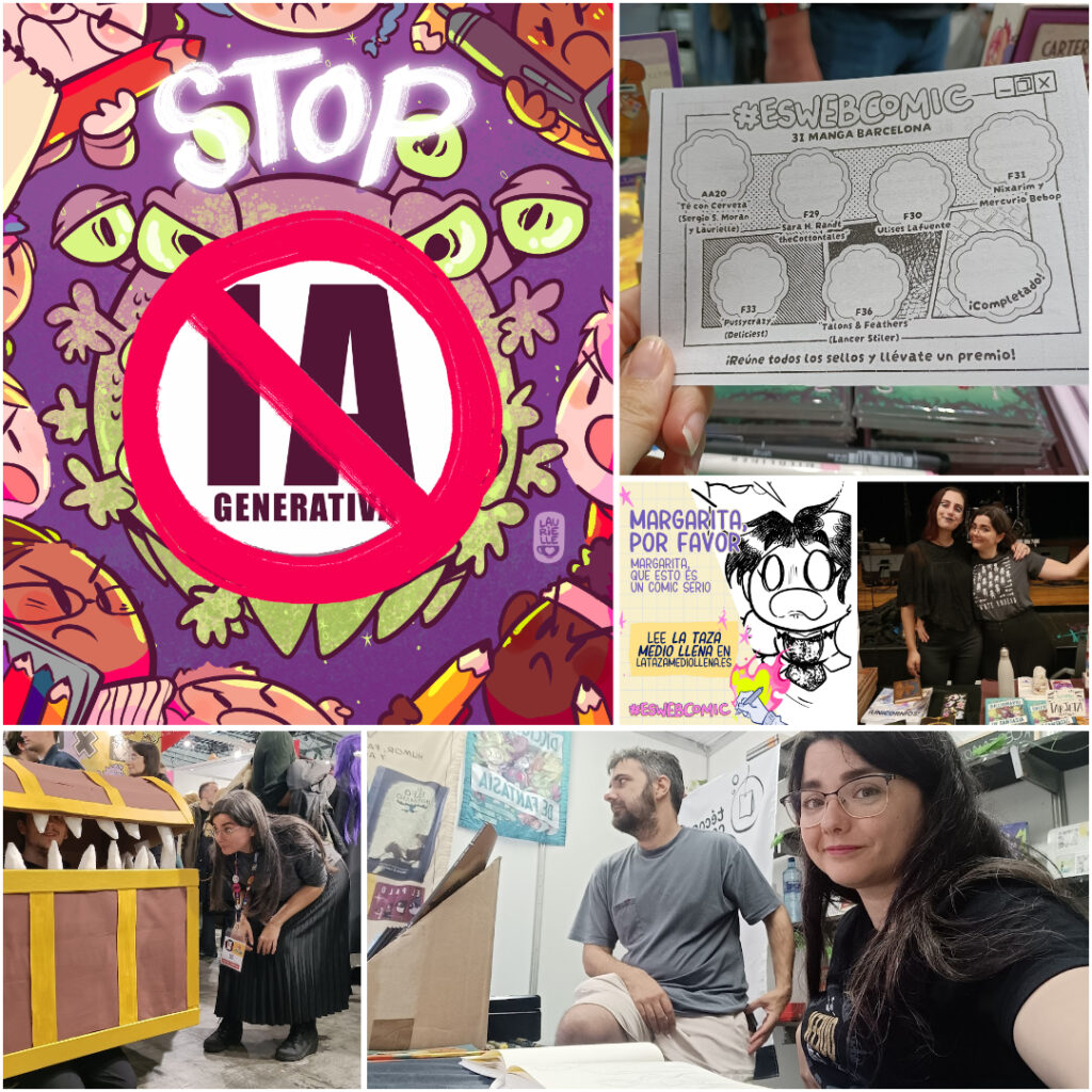 Collage con acciones contra la IA generativa, fotos del stamp rally, de eventos y del festival eswebcomic