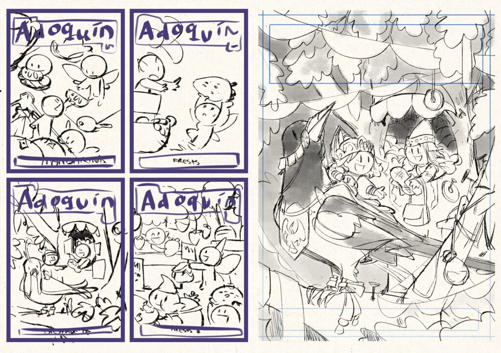 Varias ideas de portada para la revista, dibujadas de forma muy esquemática, y a la derecha la idea elegida dibujada de forma más elaborada y con algunos grises para separar los planos. Es un junete montado sobre una urraca y una chiquita dentro del hueco de un árbol tendiéndole un cacahuete