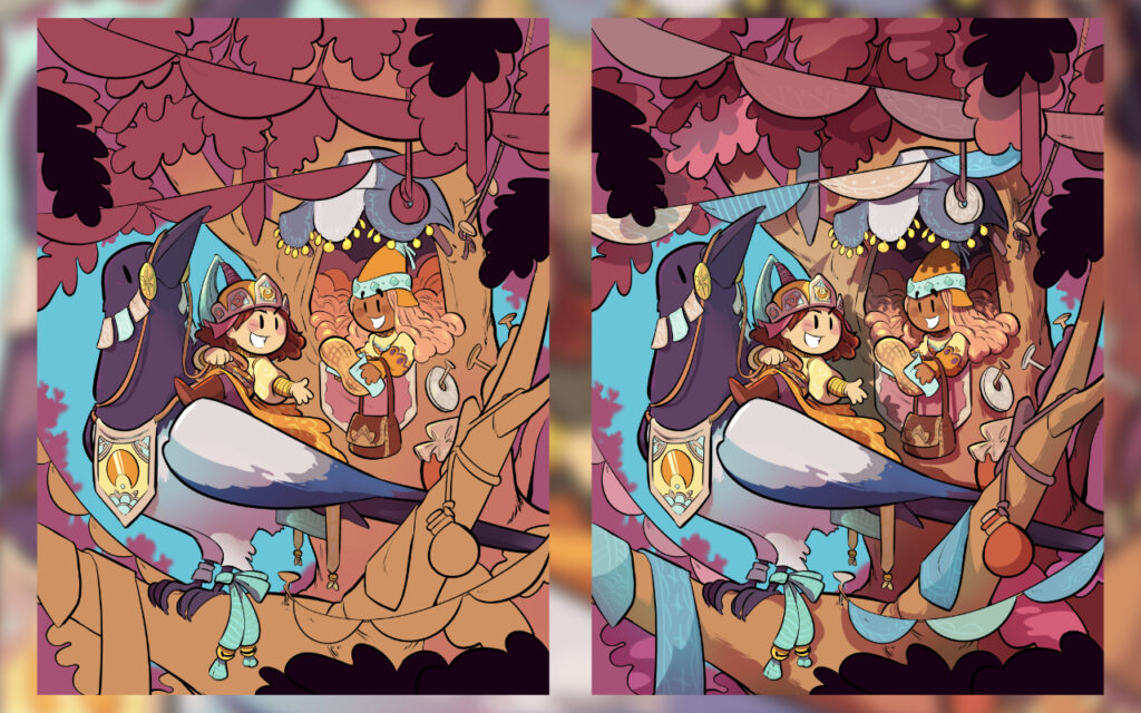 Dos imágenes de proceso. A la izquierda se ve la imagen con colores planos aplicados en muchos elementos y el vestido del jinete cambiado a amarillo, a la derecha todo tiene ya luces y sombras