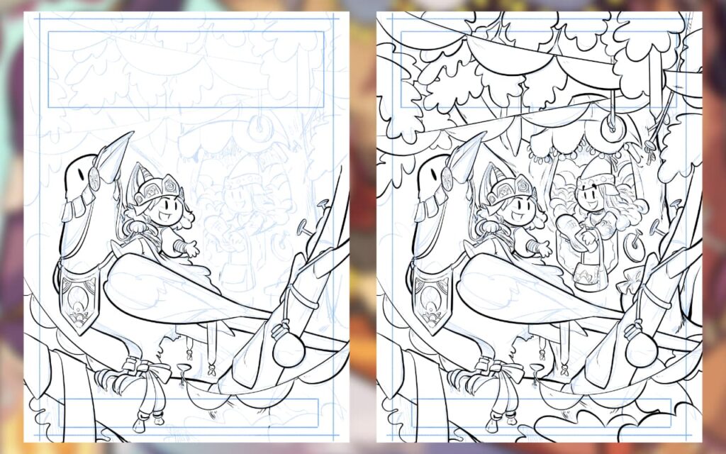 Dos imágenes del proceso de entintado de la imagen. Se ven los elementos anteriormente descritos en línea negra limpia y por debajo se ve la línea azul del lápiz, más suave