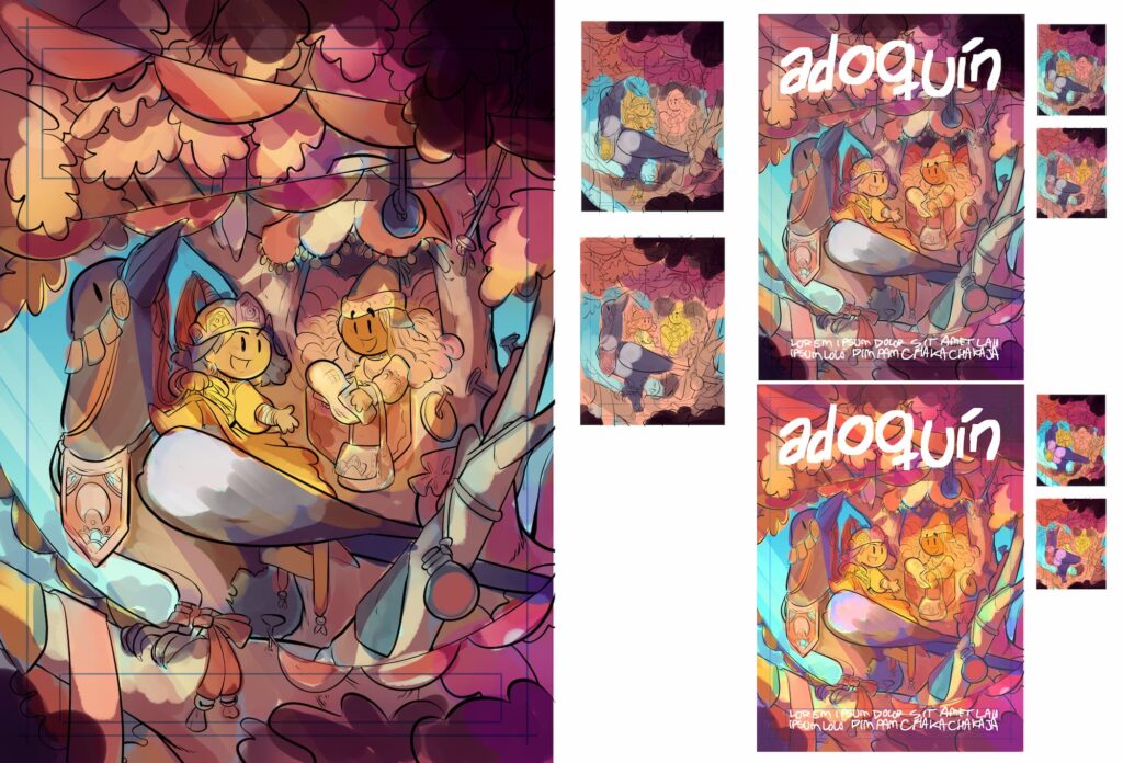 La imagen de la portada repetida 9 veces y coloreada a brocha muy gorda, con pequeñas variaciones de tonalidad, intensidad, etc