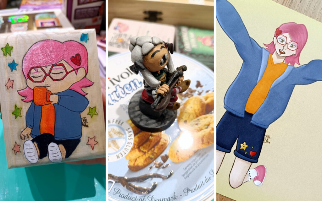 Foto de algunos regalos que me trajeron al stand (una cajita de té, una figurita de Liliidae, un dibujo de Gala)