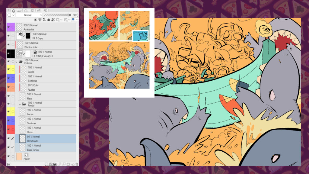 Página del cómic Pizza Goblin con un esquema de las capas a la izquierda, la página en miniatura al centro y un detalle de una viñeta a la derecha. Las distintas viñetas tienen color amarillo de fondo y los elementos de fondo tienen un color base asignado.