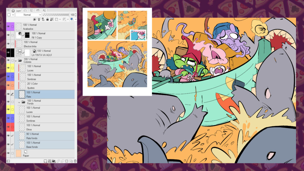 Página del cómic Pizza Goblin con un esquema de las capas a la izquierda, la página en miniatura al centro y un detalle de una viñeta a la derecha. Se ha añadido color plano a la protagonista y los otros personajes principales.