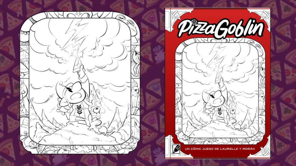 Línea limpia del dibujo de portada, con la goblin sosteniendo una pizza, y al lado un montaje de cómo quedaría encajado sobre fondo rojo