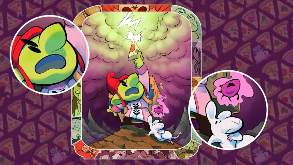 Ilustración de portada con el fondo con luces y sombras y los personajes sólo con sombras y detalles destacados en marcos en forma de burbuja, para que se vean más de cerca