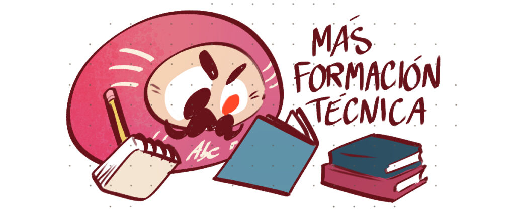 Dibujo de un daruma leyendo un libro con el rótulo más formación técnica. Tiene los dos ojos pintados.