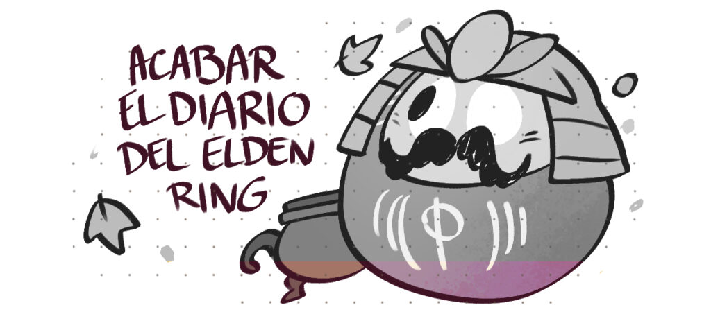 Dibujo de un daruma con casco con el rótulo Acabar el diario del Elden Ring. Está gris en un 90%