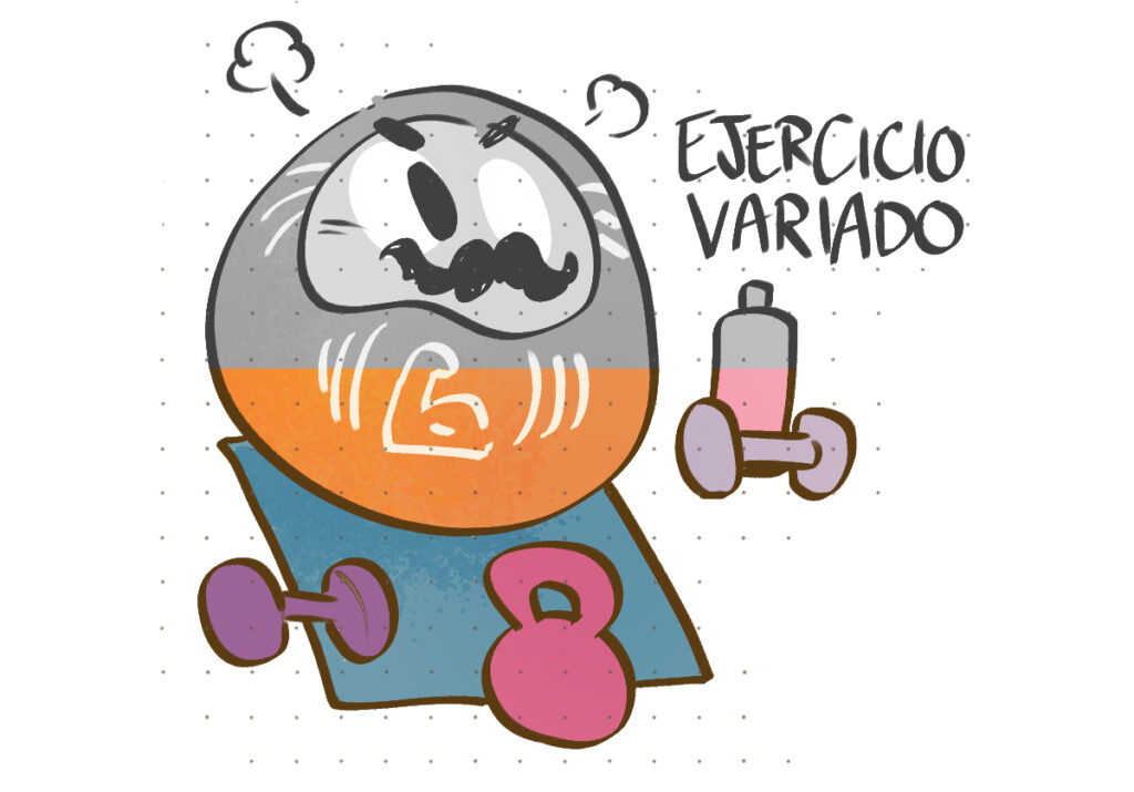 Dibujo de un daruma sobre una esterilla de gimnasio con el rótulo Ejercicio variado. Está gris en un 50%