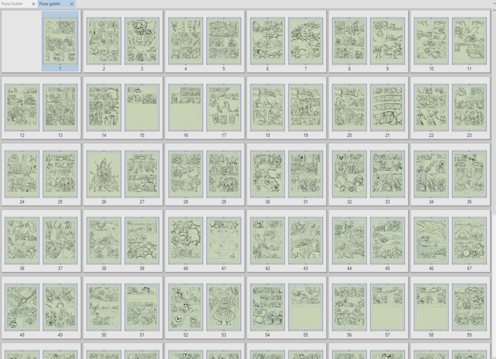 Captura de pantalla con algunas -no todas- las páginas del cómic pizza goblin muy chiquititas y sion colorear en el programa Clip Studio