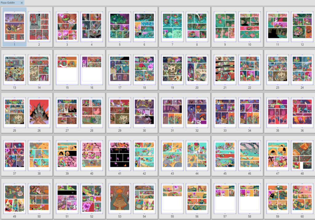 Captura de pantalla de Clip Studio Paint con algunas páginas de Pizza Goblin con los colores planos ya asignados, pero sin luces ni sombras