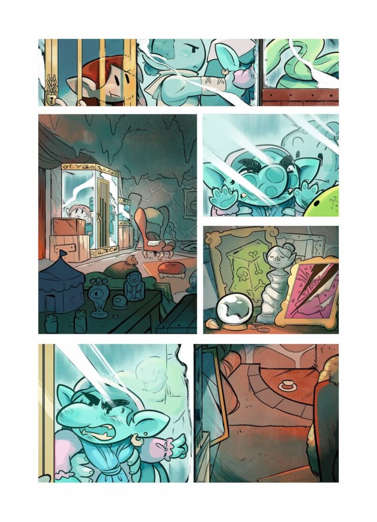 Página de cómic de Asalto al Castillo donde los personajes están encerrados en una jaula de cristal, en un almacén subterráneo con objetos de arte. Una goblin gesticula y señala una trampilla en el suelo.