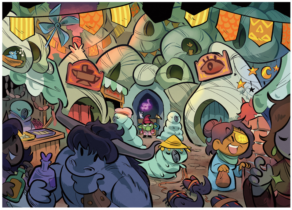 Viñeta del cómic Pizza Goblin donde sale un mercado de pueblo lleno de gente. La gente en primer plano tiene un tinte azul.