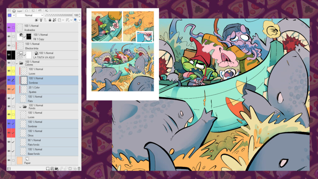 Página del cómic Pizza Goblin con un esquema de las capas a la izquierda, la página en miniatura al centro y un detalle de una viñeta a la derecha. Se ha añadido sombras a la barca y los personajes principales.