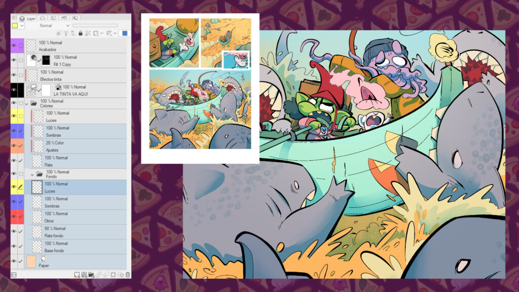 Página del cómic Pizza Goblin con un esquema de las capas a la izquierda, la página en miniatura al centro y un detalle de una viñeta a la derecha. Se ha añadido luces a la escena para integrarla mejor con el fondo.