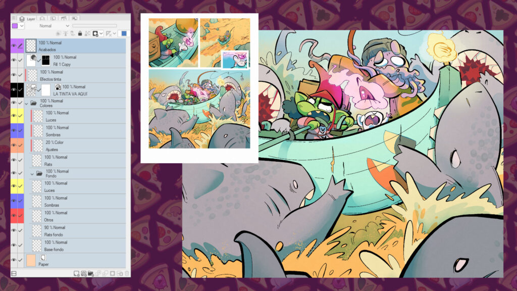 Página del cómic Pizza Goblin con un esquema de las capas a la izquierda, la página en miniatura al centro y un detalle de una viñeta a la derecha. La viñeta tiene hechas las correcciones de color y aplicados los detalles finales.