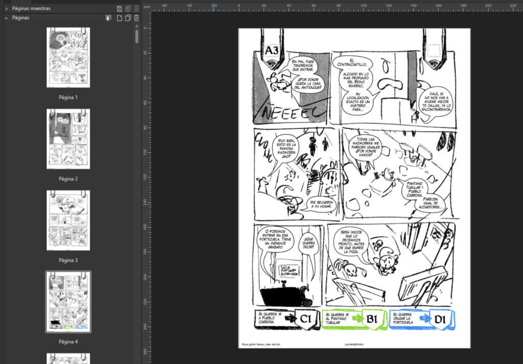 Captura de pantalla de Affinity Publisher con la maqueta leíble de Pizza goblin