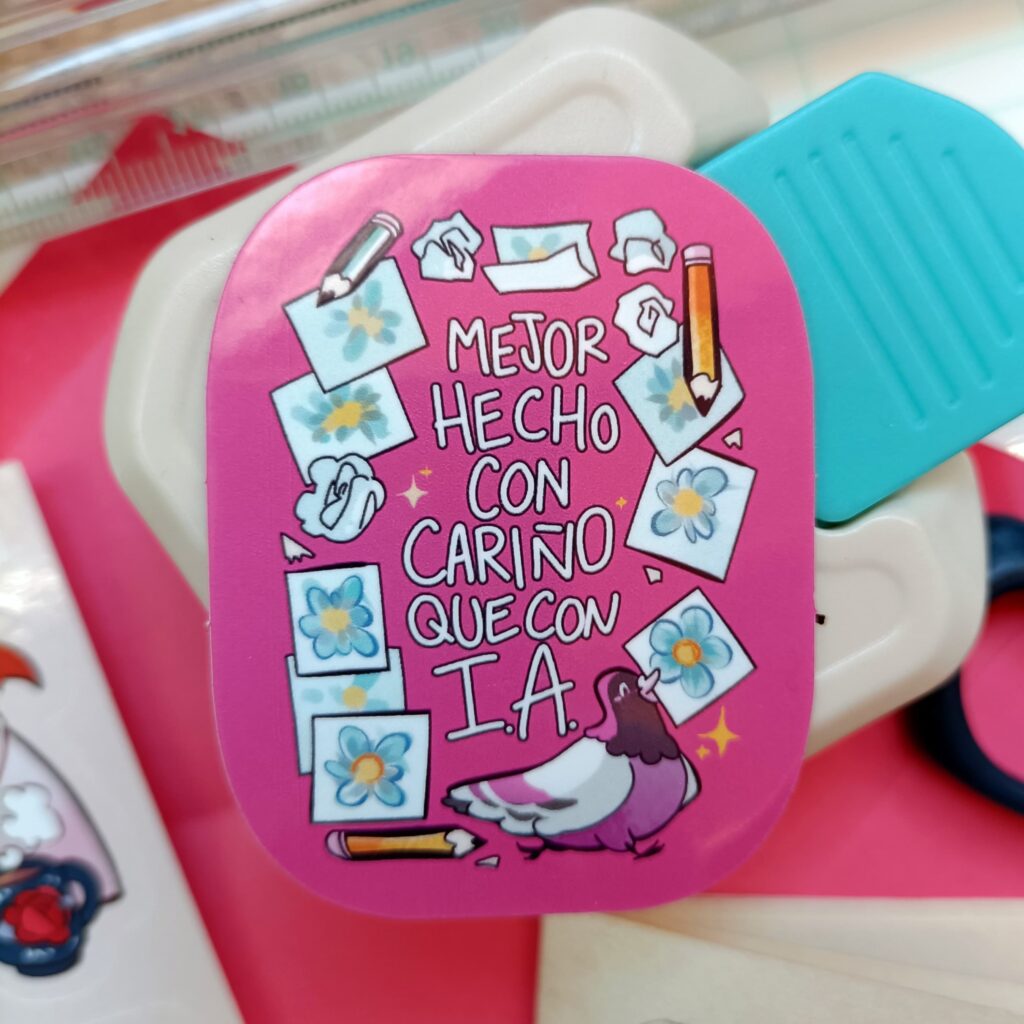 Foto de una pegatina rosa que pone 'mejor hecho con cariño que con IA'. está rodeada de dibujos mal hechos pero que progresivamente se van volviendo mejores, y una paloma orgullosa sostiene el último